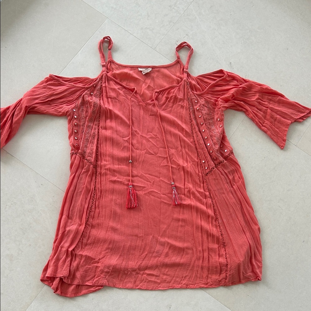 Beaches & Boho Coral Open Shoulder Top